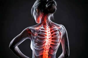 Spinal injury, sports injury, girl with highlighted red glow of spine and neck Generative AI